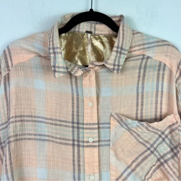 Free People Womens Button Up Shirt Large Peach Plaid Relaxed Dolman Sleeve Crop - Picture 3 of 9
